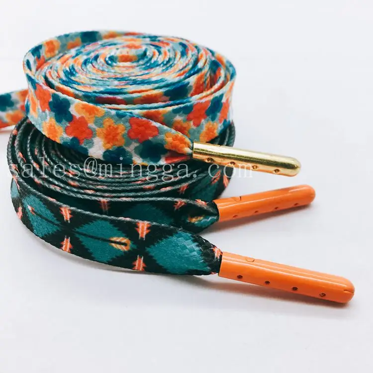 Free sample custom printed cheap flat polyester shoelaces with metal aglet