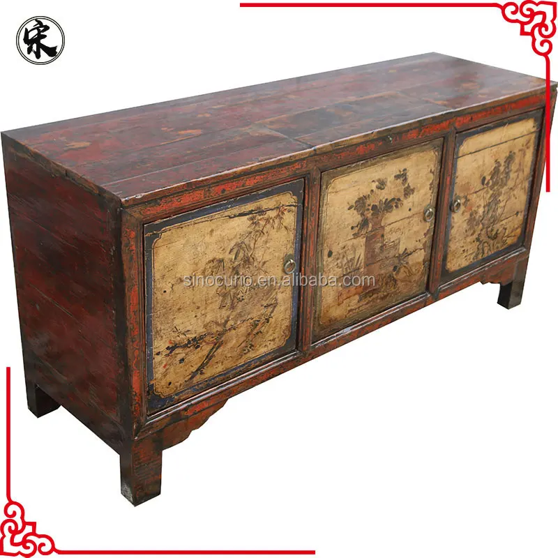Antique Reproduction Painted High Glossy Sideboard Vintage Wooden Cupboard Chinese Style Cabinet Buffet