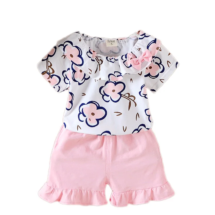Fashion lovely comfortable flounces floral print short sleeve top ruffled shorts 2019 kids clothing children boutique clothes