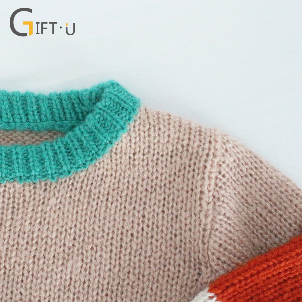 
Giftu 86040# Women Cute Stripe Knitted Sweaters Lantern Sleeve Pullover 