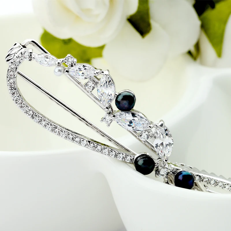 LUOTEEMI Fashion New Luxury Cubic Zircon CZ Wedding Bridal Hair Accessories Jewelry Fancy Black Natural Pearl Hair Pins