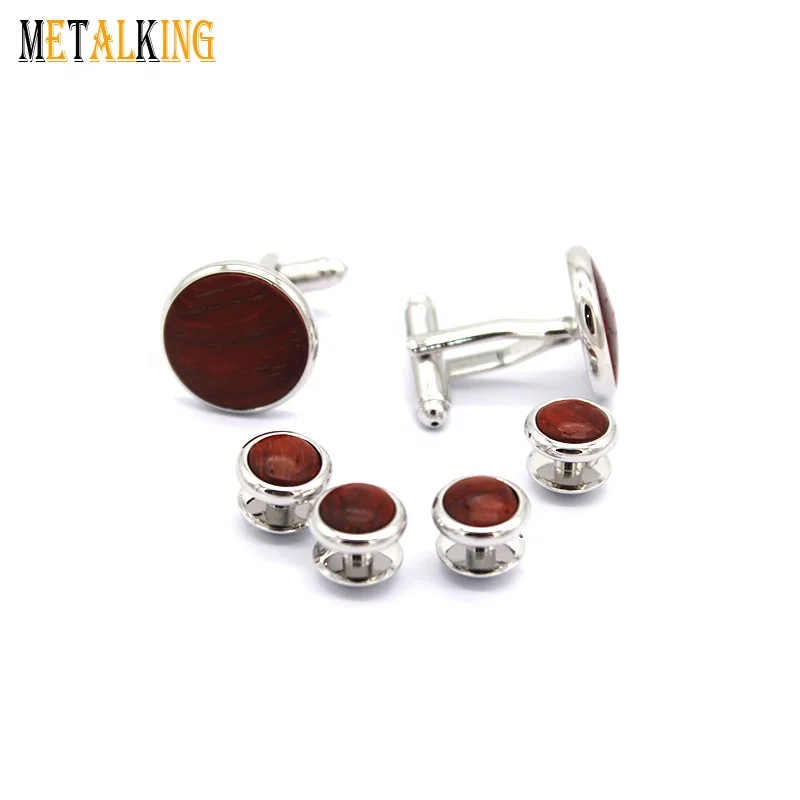 Vintage Style Red Wood Inlay French Cufflinks And Studs Set Suit For Mens Shirts Tuxedos