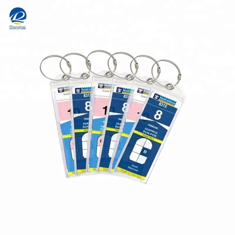 Plastic PVC cruise luggage tag holder top zip seal and steel loops use for Royal caribbean & celebrity cruise line