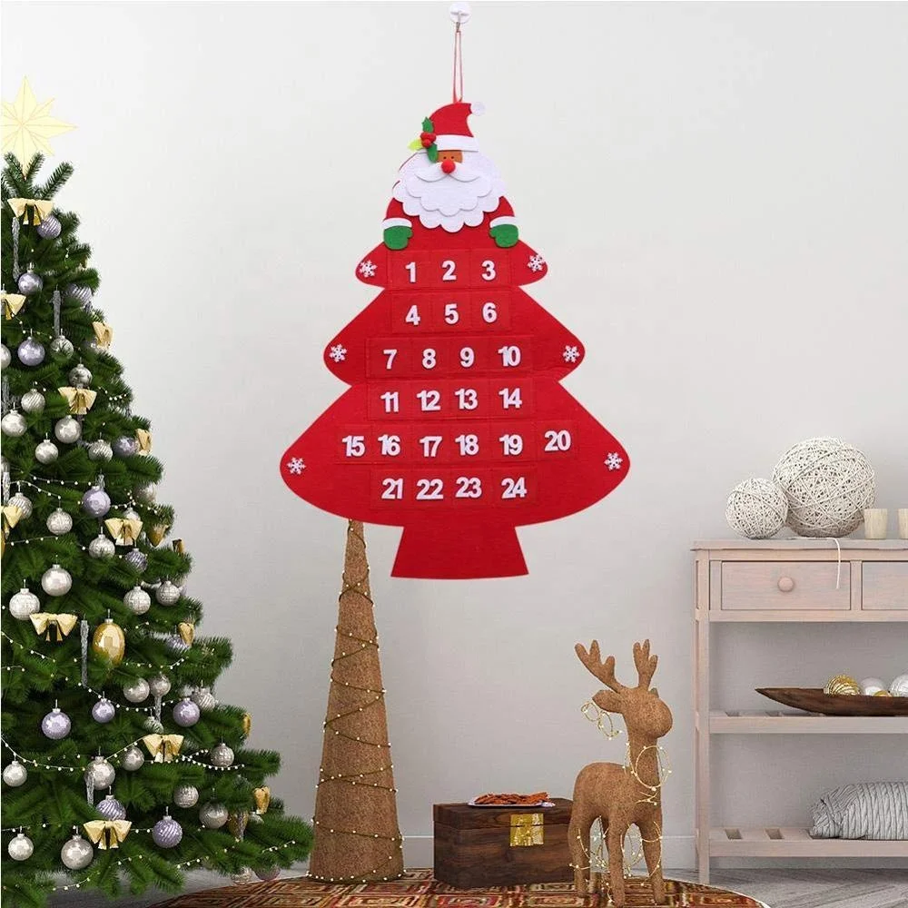 24 Days Christmas Countdown Calendar Wall Hanging Santa Claus Christmas Tree Shaped Felt Advent Calendar with Pockets