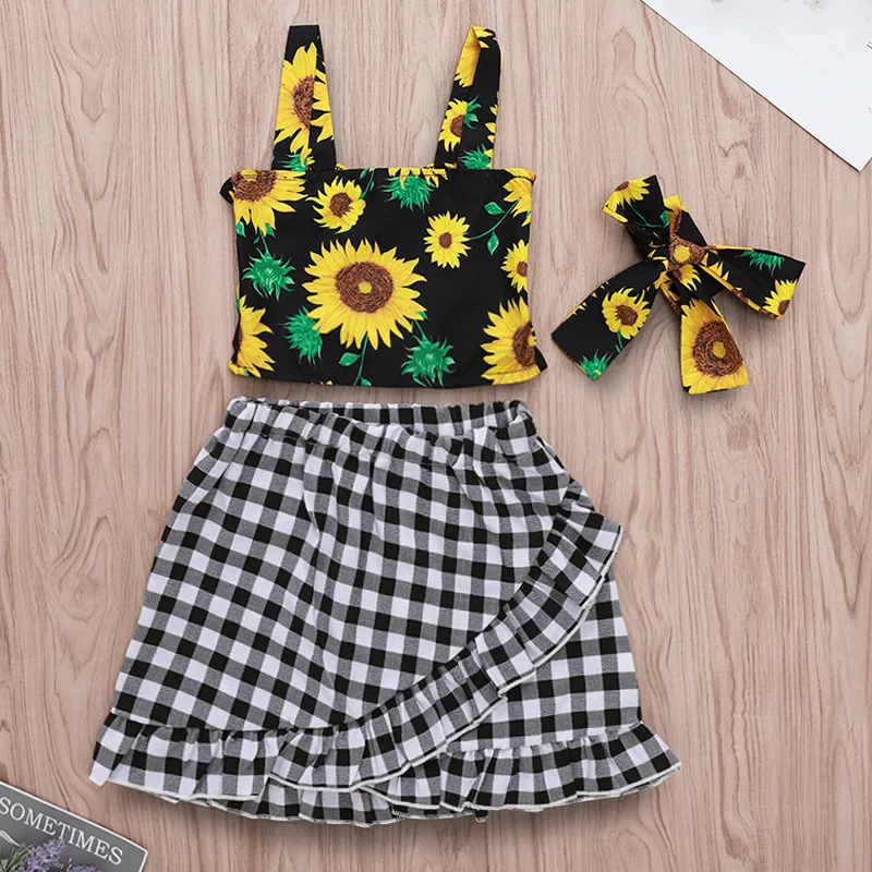 
Kids Clothing Sets Summer Baby Girl Clothing Sunflower Tops & Plaid Skirts & Headband 3PCS for 1-5T 