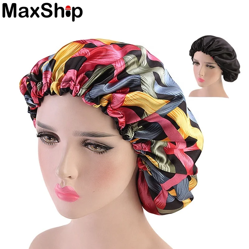 Wholesales Double face print bonnet satin sleep cap with adjustable cord for women