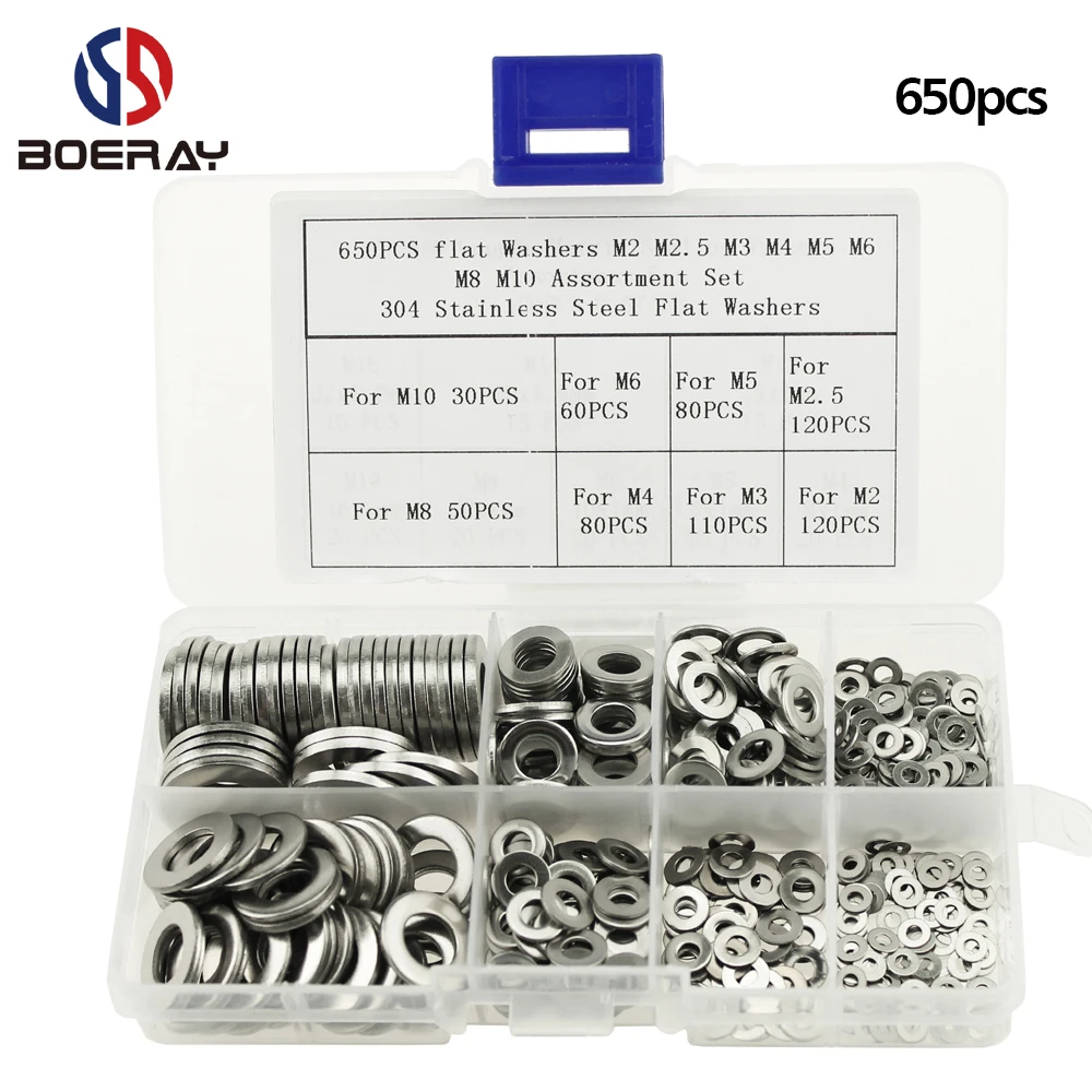 M2 M2.5 M3 M4 M5 M6 M8 M10 Stainless Steel Flat Washer Assortment Kits Plastic Box