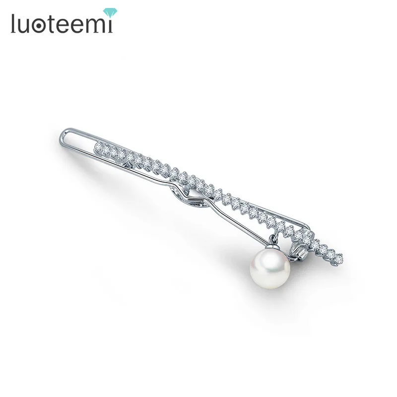 Оптовая продажа, модные свадебные украшения LUOTEEMI, женские заколки для волос с белым золотым покрытием и фианитом для подружки невесты, со стразами и белым жемчугом