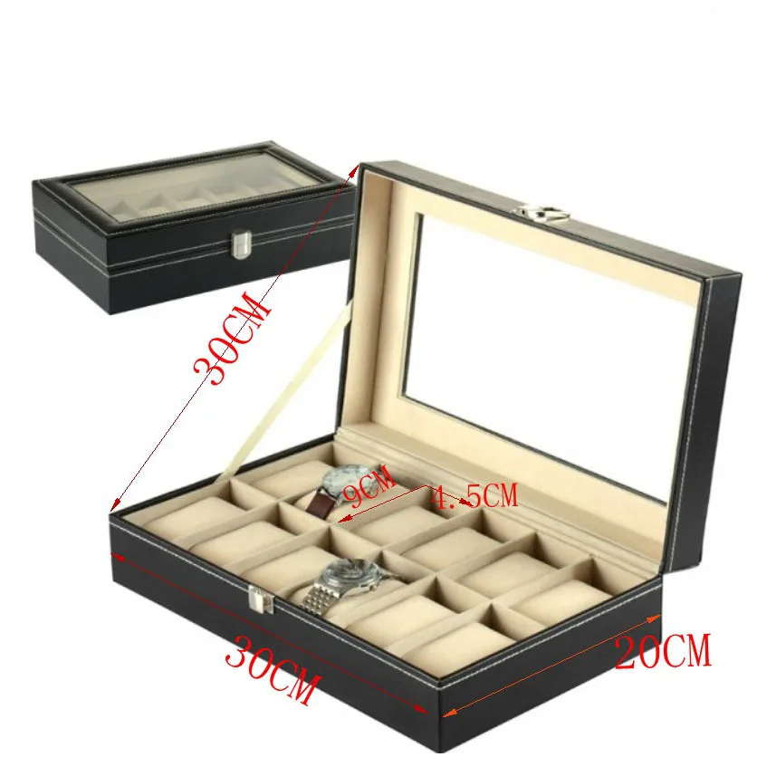 12  Slots Watch Storage Box Black Color Leather Watch Case Fashion Brand Watch Display  Gift Suitcase 201YY