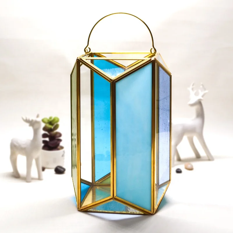 WONDER color glass terrarium glass flower house candlestick wind lamp hanging portable glass storm Candle Lantern