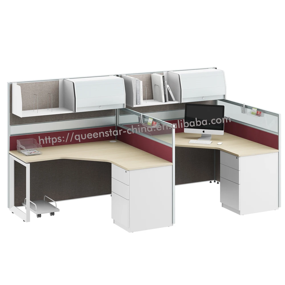 
QS-J11 L shape clusters of two office workstation office partition with overhead storage cabinet and hanging shelf 