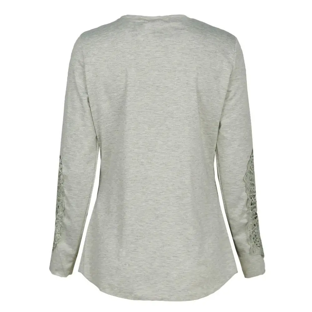 Sidiou Group Women Blouse Crochet Lace Splicing Long Sleeve Button Round Neck Hollow Solid T-Shirt