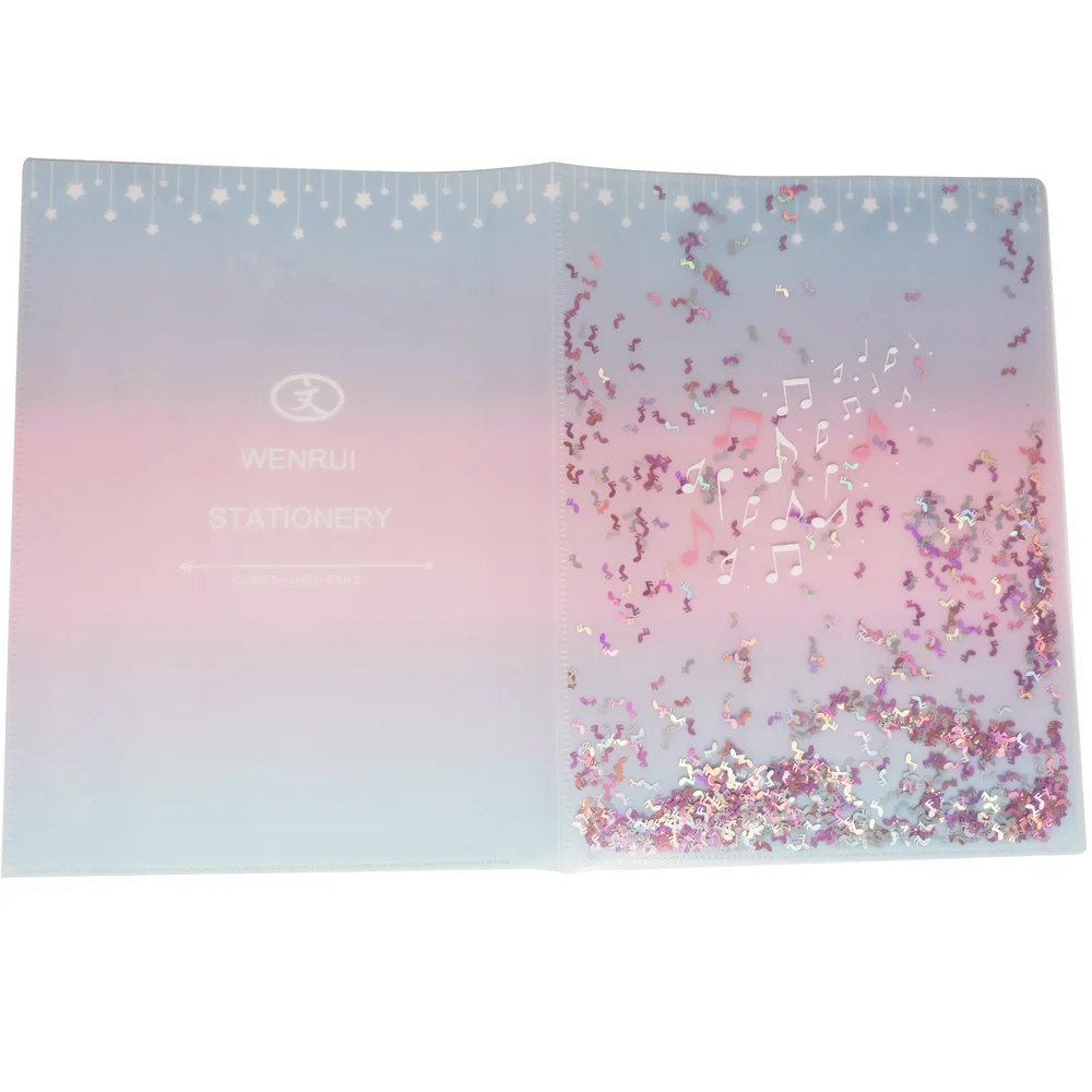 Sequin File PP Plastic 2 Pocket File Folder with Music Note Sequin Cover for Office School Stationery
