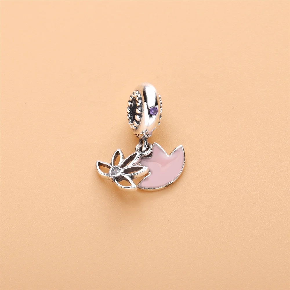 925 Sterling Silver Lucky Pink Lotus Flower Charms Beads For Famous Brand Bracelet Silver Charms flower heart necklace