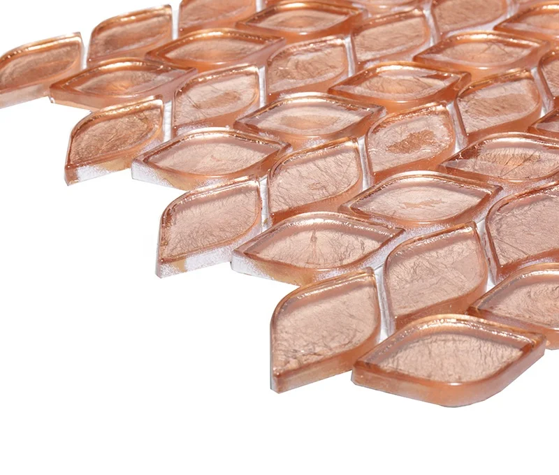 Kitchen Splashback Copper Foil Leaf Shaped Glass Mosaic Tile Water Jet Mosaic Tile