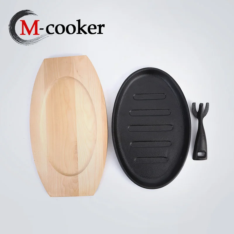 Hot sale Pre-seasoned steak pan sizzler plate cast iron with wooden base