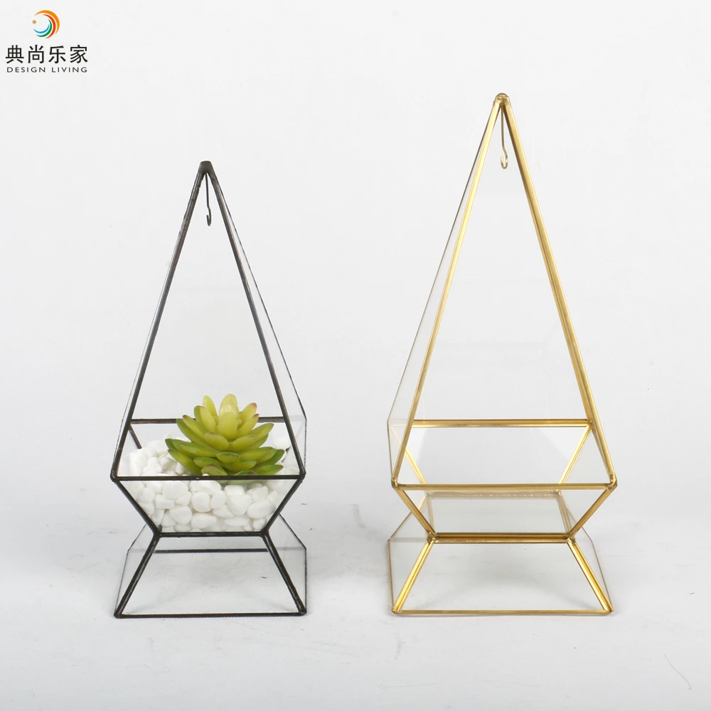 Glass Display Box Gold Pyramid Terrarium in Glass & Crystal Vases with Stand