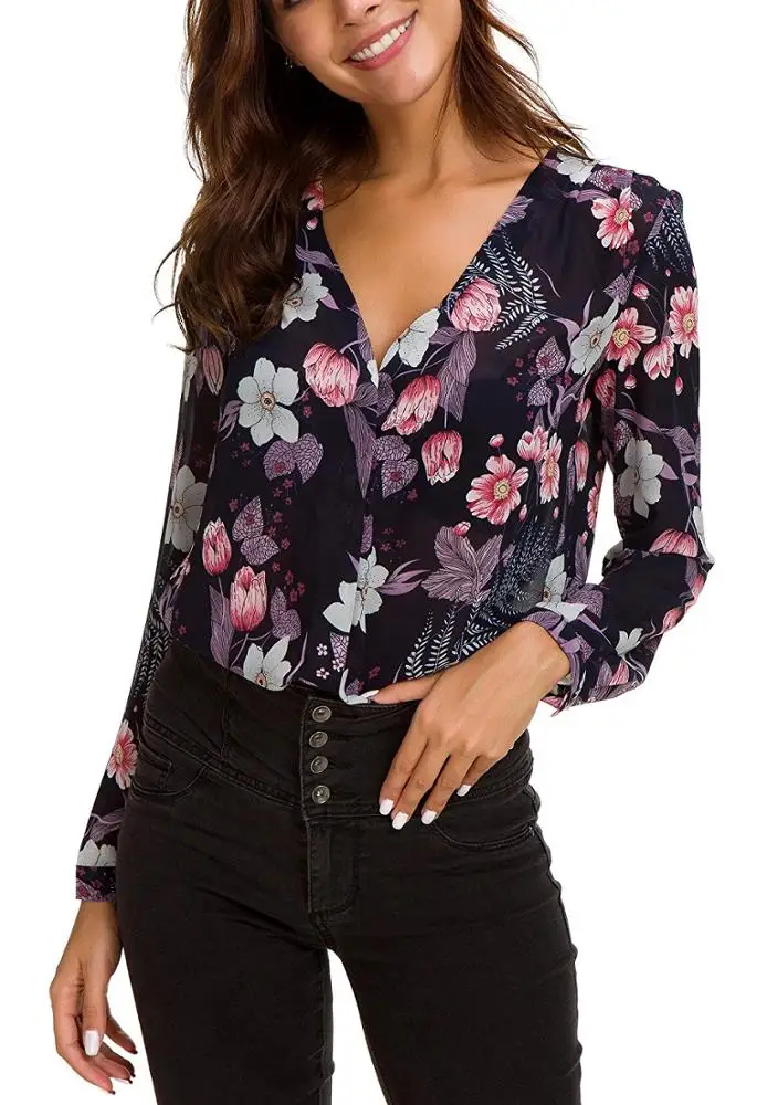 Hot Sale Fashion OEM Blouse Floral Printing Top Neckline Women Lady