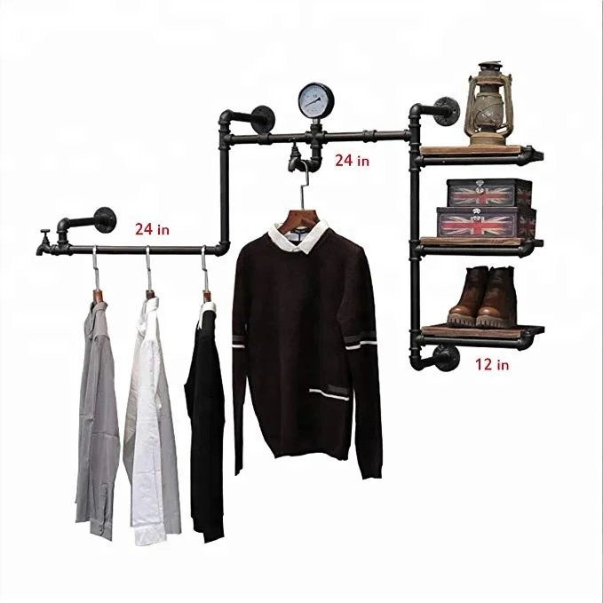 Industrial Retro Pipe Hung Clothing Rack Multi-function Wall Mounted Clothes Store Display Rack