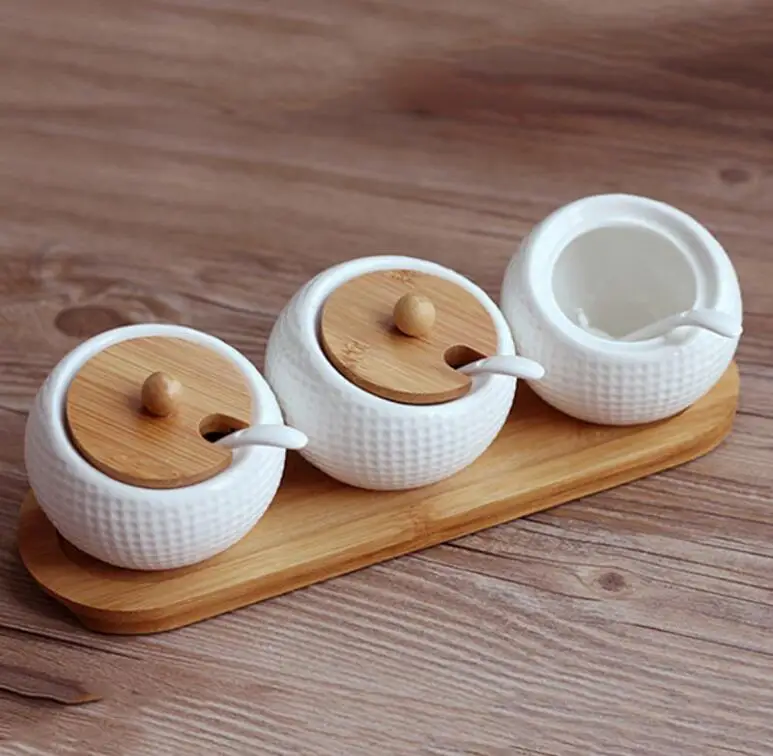 High quality round shape slanted storage custom white kitchen 3 pcs spice ceramic canister with wooden lid
