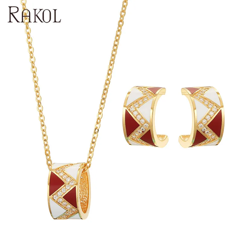 RAKOL RS0079 Women and men custom gold plated stainless steel enamel jewelry set