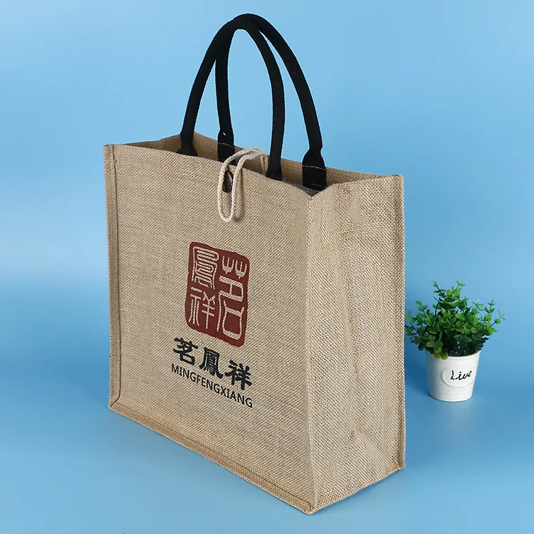 
Custom wholesale printed jute euro gift bag with black handles 