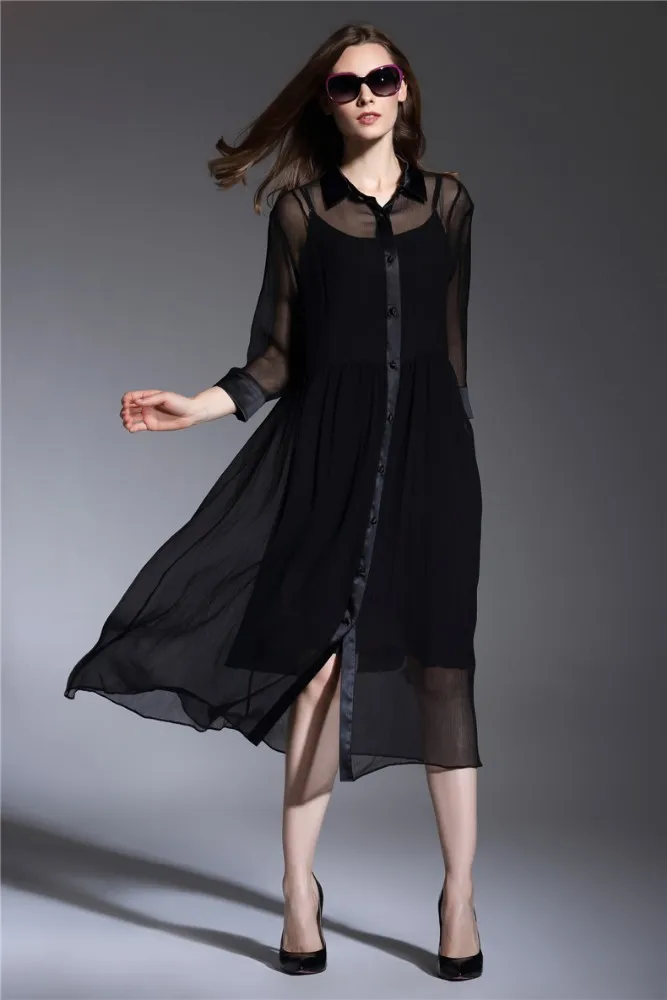 women plus size plain color silk chiffon long 3/4 length sleeves shift dress with knitted slip dress inner