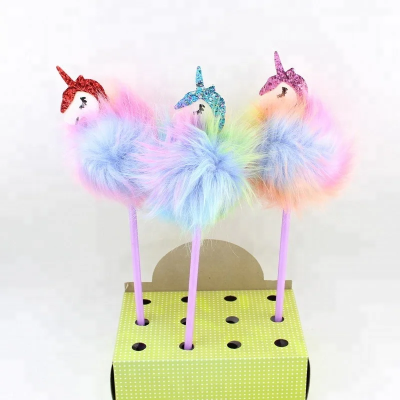 Fluffy Colorful Pom Pom Unicorn Ballpoint Pen