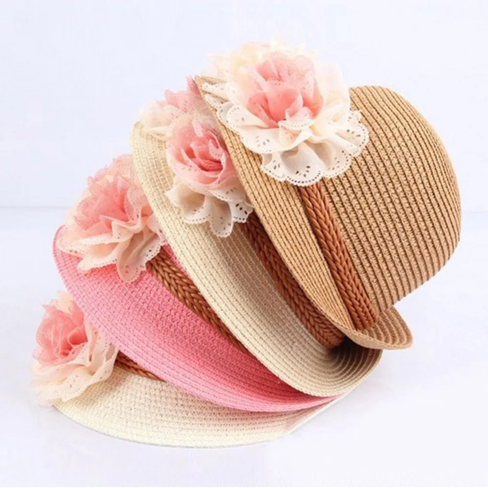 2016 New Summer Kids Floral Straw Hats Fedora Hat Children Visor Beach Sun Baby Girls Sunhat