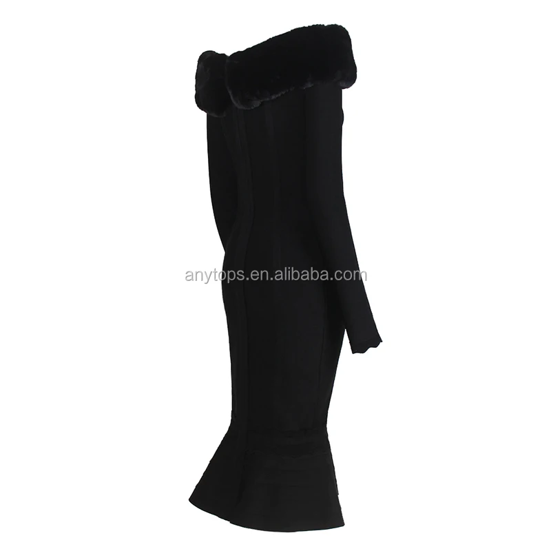 Own Design Western Women Black Long Sleeve Lady Fishtail custom made evening dress Fur Trim Dresses 2019 bandage dress