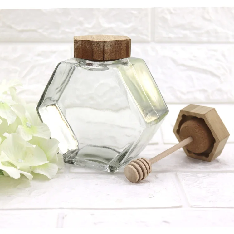 380mL 450mL 720mL Glass Jar with Cork 500g 1kg Hexagon Glass Honey Jar with Dipper