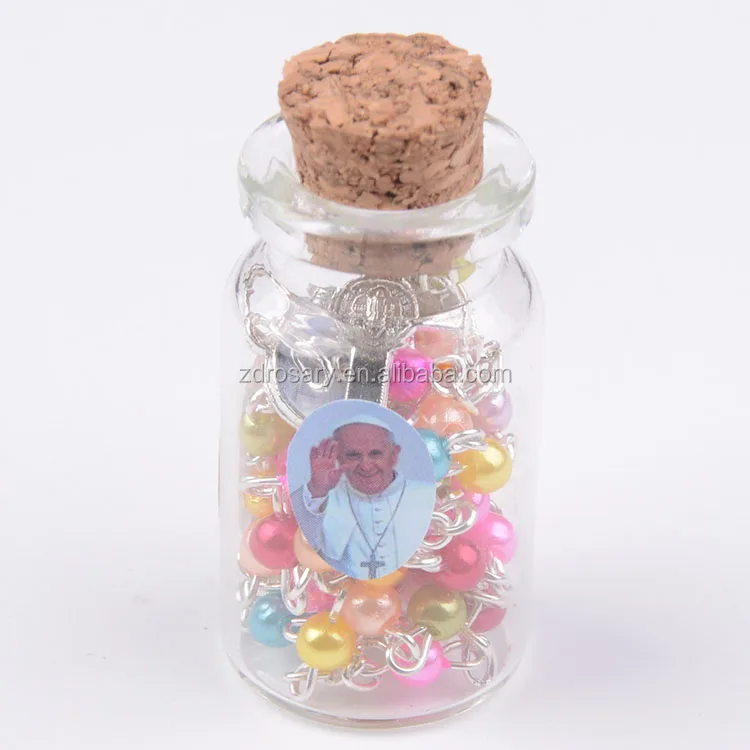 Religious Promotional Gift 4MM Beads with Lobster Clasp Catholic Mini Pope Rosary Packed by Glass Wishing Bottle