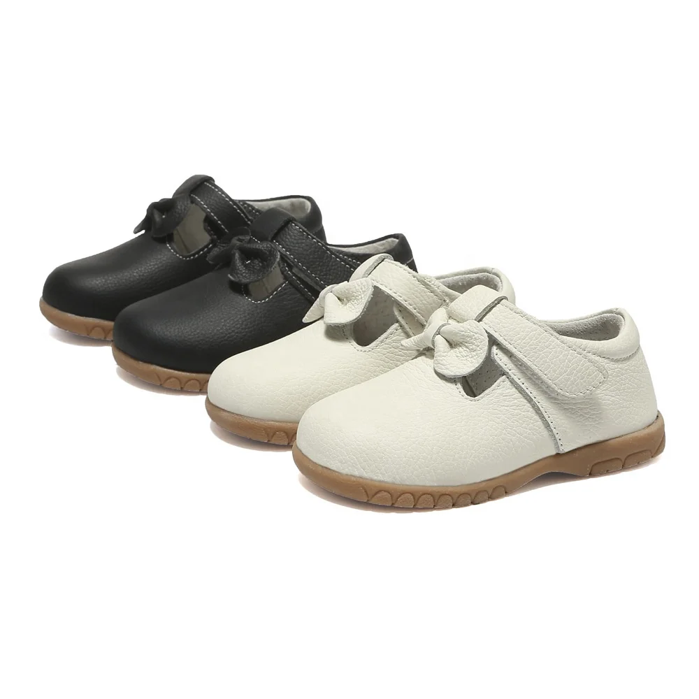 SandQ plain black  Genuine little  T-bar girls dress shoes with bow