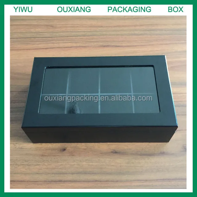 matte black lacquer finish 8 compartments wooden tea bags display box with glass lid