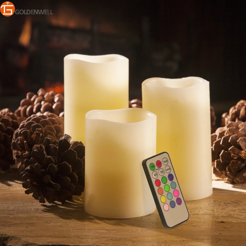 3 Piece Flickering Flameless LED Wax Pillar Candles Set with Remote Control and BONUS LED Ball Candle