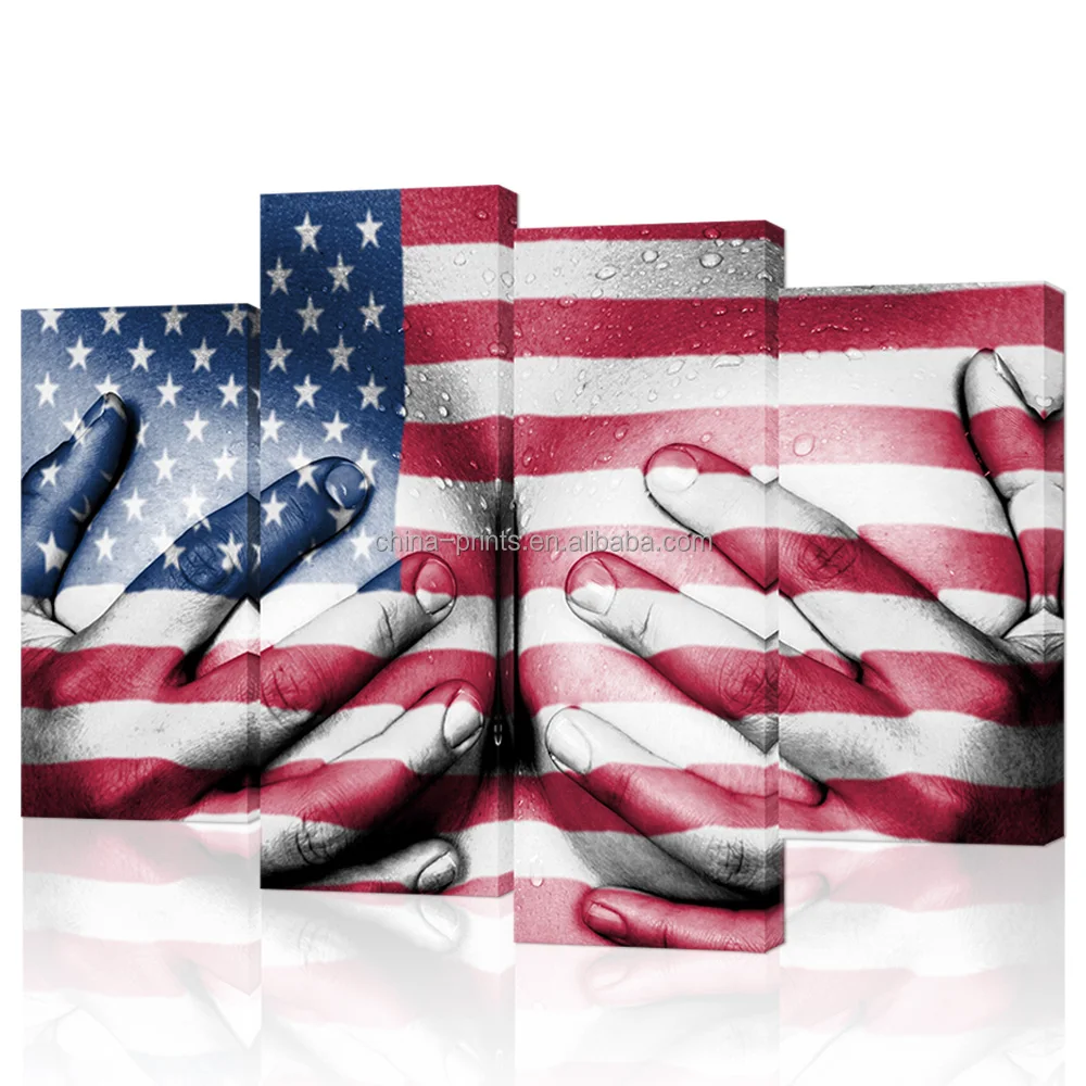 4 Piece Nude Sweaty Woman Canvas Wall Pictures Hands Covering Breasts Vintage Flag of the USA Hot Body Painting for Living Room