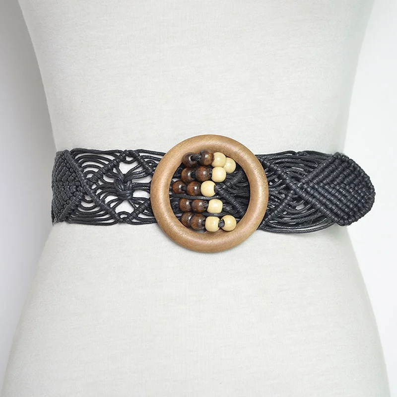 Women wax cord braided belt wooden buckle beaded weave belt ladies wooden beads wax rope mixed knit belt