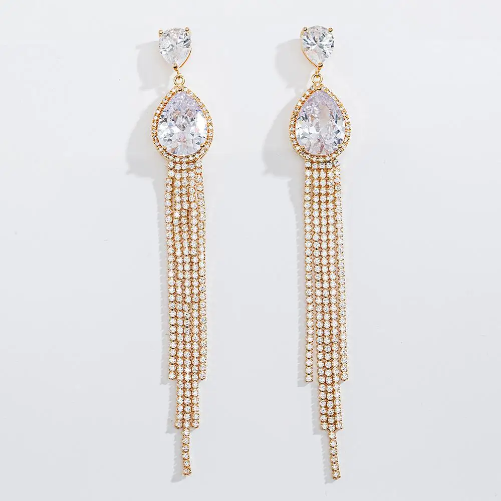 
Fashionable Wholesale 18k Gold Plated Jewelry Pear Cut Clear CZ Long Tassel Earring 