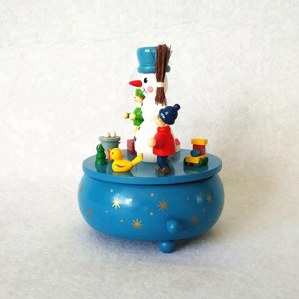 
Wooden Christmas decorations round wind up snowman musical box for gift 