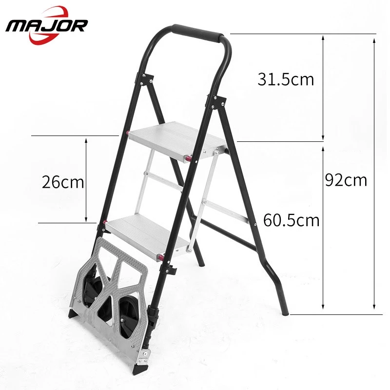 2-in-1 Aluminum Folding Portable Cart 3 Step Ladder Hand Truck Stool Ladder 330Lbs Heavy Duty Portable Cart with Two Wheels
