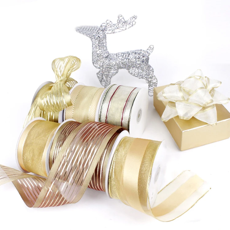 
New Arrived Luxury Gold Series Decorative Wired Organza Ribbon Rolls 