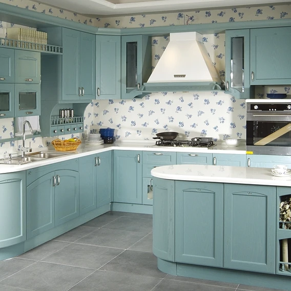 RTA Custom Satin Blue Oak Wood Kitchen Cabinet for North American