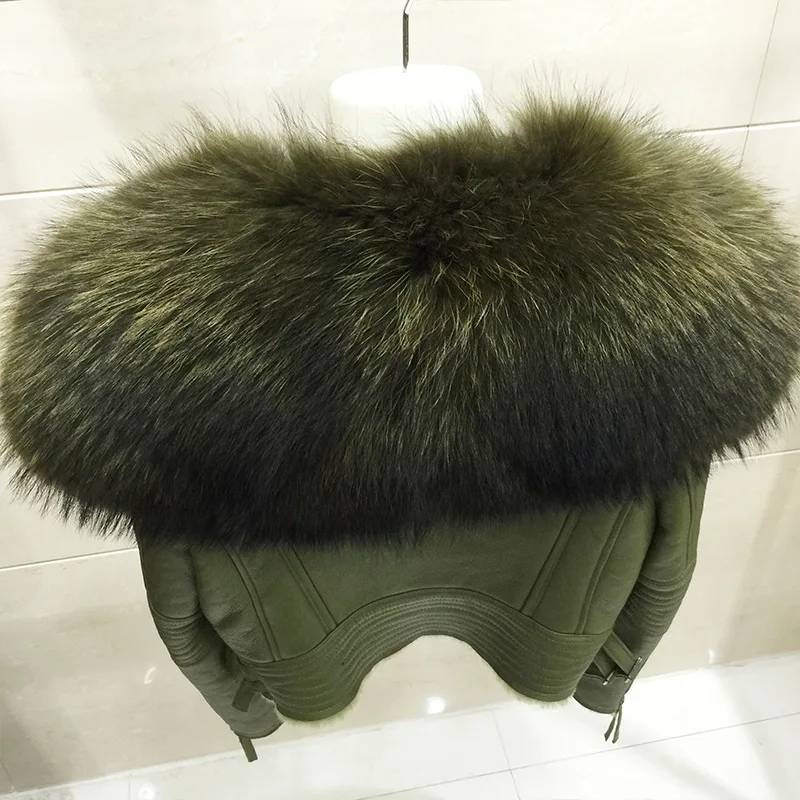 Women luxury leather jackets real fox raccoon fur overcoat big fur collar winter jackets