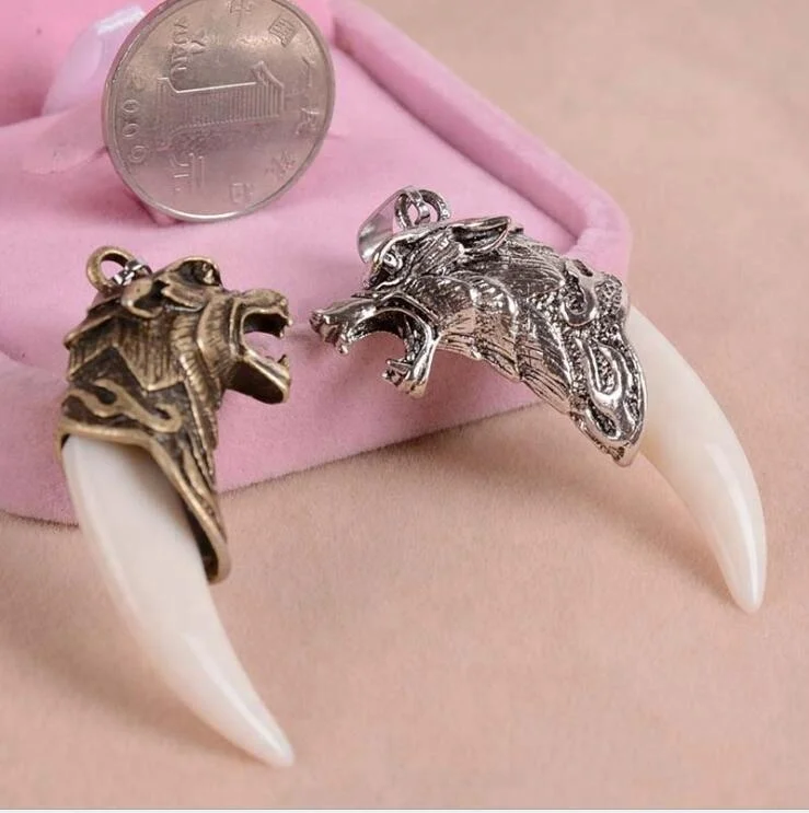 Xus Korean Ivory White Wolf Head elephant tooth pendant necklace jewelry for men