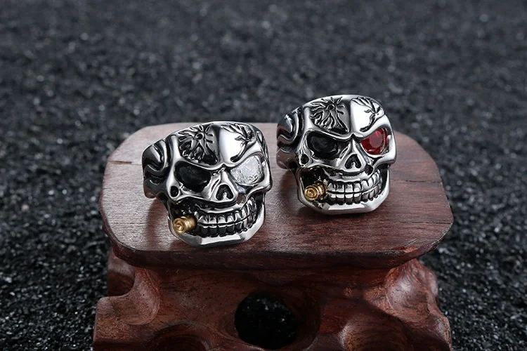 Heavy Stainless steel Punk Golden Bullet Red CZ Eye Skull Rings in Stock