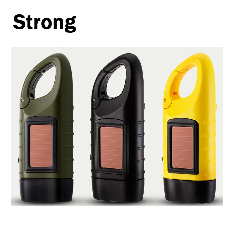 Portable Outdoor solar powered flashlight hand dynamo charge torch light with carabiner