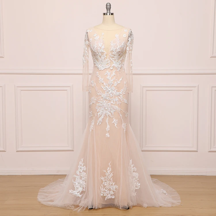 Роскошные кружевные свадебные платья-русалки с длинными рукавами и подкладкой телесного цвета