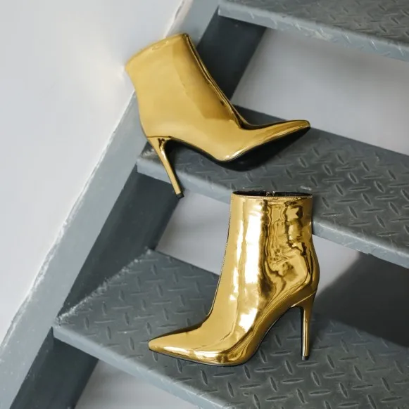 gold patent leather pointed toe high heel ankle boots