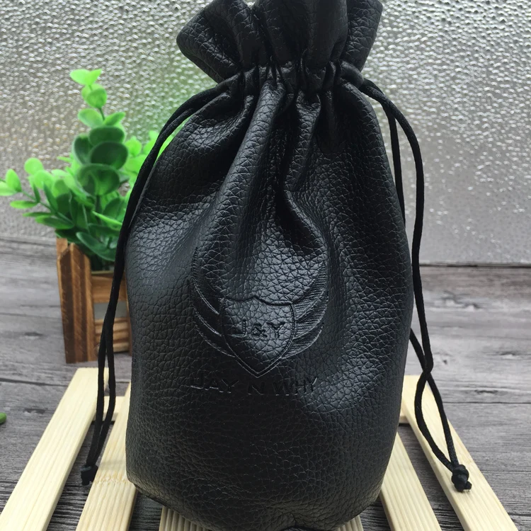 Black Round Botton Faux Leather Watch Pouch Bags with Emboss