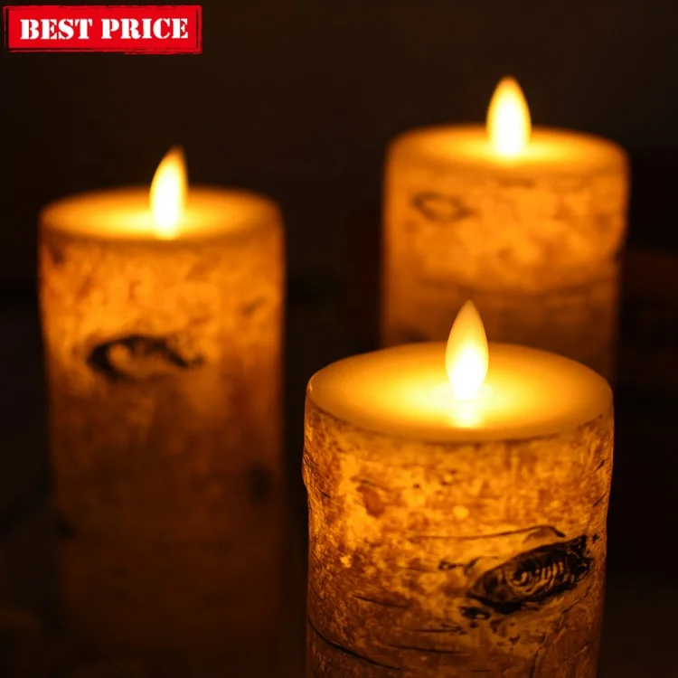 wholesale birch bark design battery operated flameless real wax scented led candle set of 3 with remote